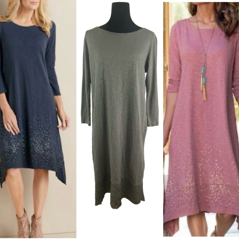 Soft Surroundings Starlight Shift Sequin Midi Dress 3/4 Sleeve Dark Olive Grey M